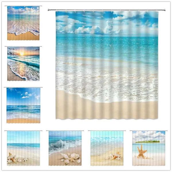 Ocean Beach shower curtains featuring sea waves, summer views, blue skies, landscapes, shells, and starfish for bathroom decoration in polyester fabric