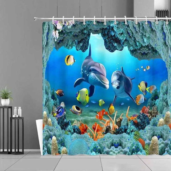 Ocean Underwater World shower curtain featuring vibrant tropical fish, turtles, and deep-sea coral, a washable fabric addition to your bathroom decor