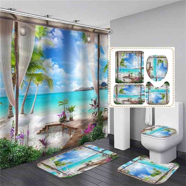 Ocean-inspired shower curtain set with matching toilet lid cover and non-slip bath mat for your bathroom