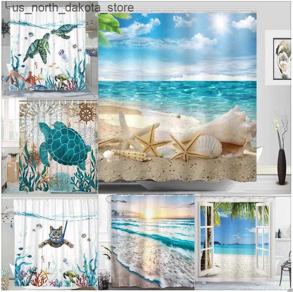 Ocean-themed shower curtain featuring beach, tropical palms, island, turtle, cat, sailboat, flamingo, coral, and shell designs for bathroom decor