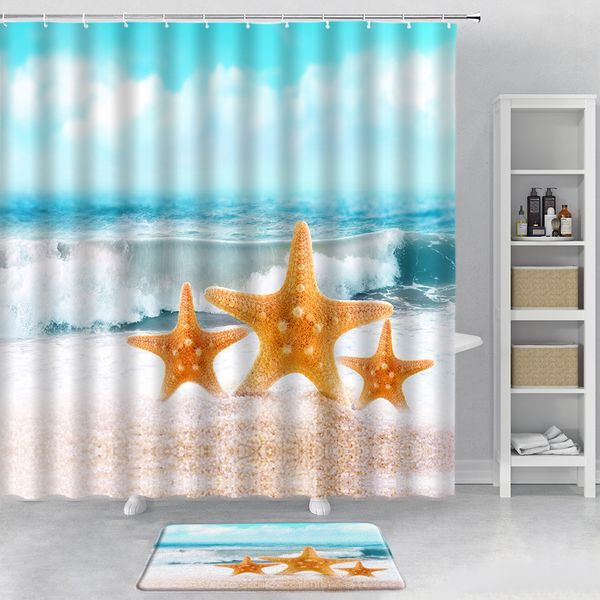 Ocean-themed shower curtain set featuring tropical palm trees and starfish, includes a non-slip bath mat for bathroom decor