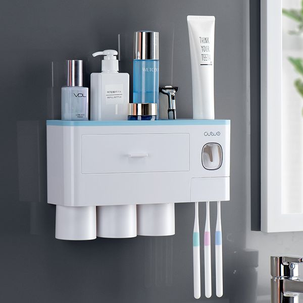 ONEUP 3-color automatic toothpaste dispenser and toothbrush holder for wall-mounted bathroom storage