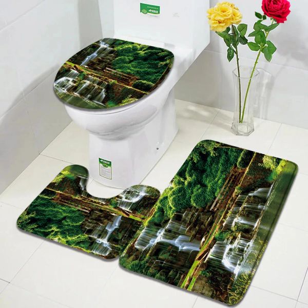 Park-inspired waterfall landscape bath mat set featuring forest greenery, lake views, and nature scenes for bathroom decoration, including non-slip rugs and toilet lid covers