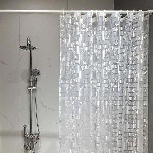 Peva shower curtain set featuring cube pebble design, transparent and waterproof, includes hooks for bathroom use, size W240808