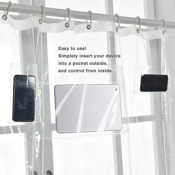 Phone and tablet shower holder with pockets, eco-friendly quick-dry clear EVA curtain for bathroom decor