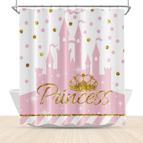 Pink and gold princess castle shower curtain with dotted design, waterproof and durable for girls' bathtub or clawfoot tub
