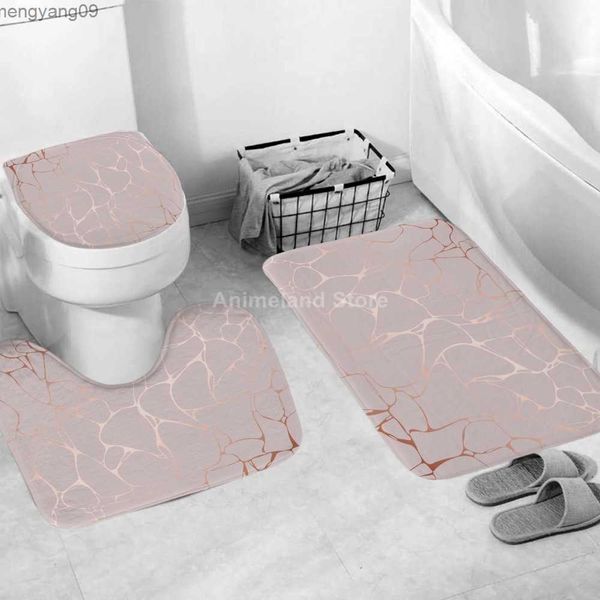 Pink crack shower curtain set with matching non-slip bathroom rug and toilet cover, modern 180x180cm design
