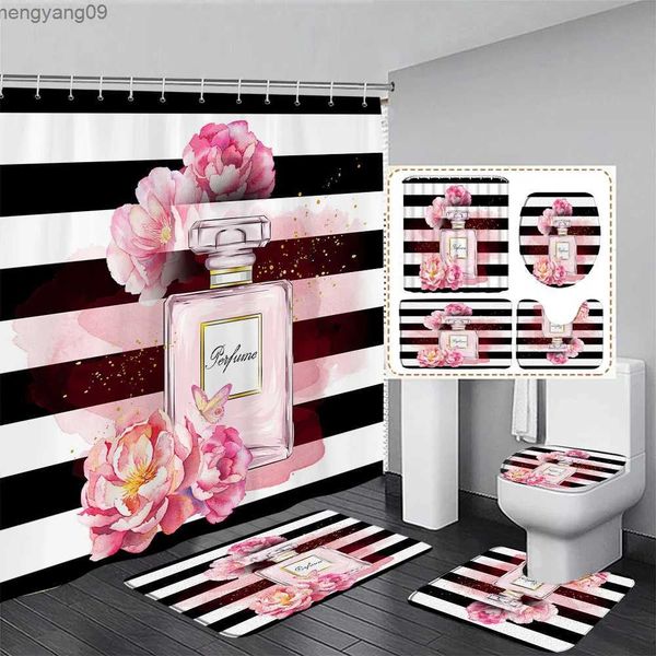 Pink floral shower curtain set with black and white striped bath mat, anti-slip rug, and toilet cover for bathroom decoration