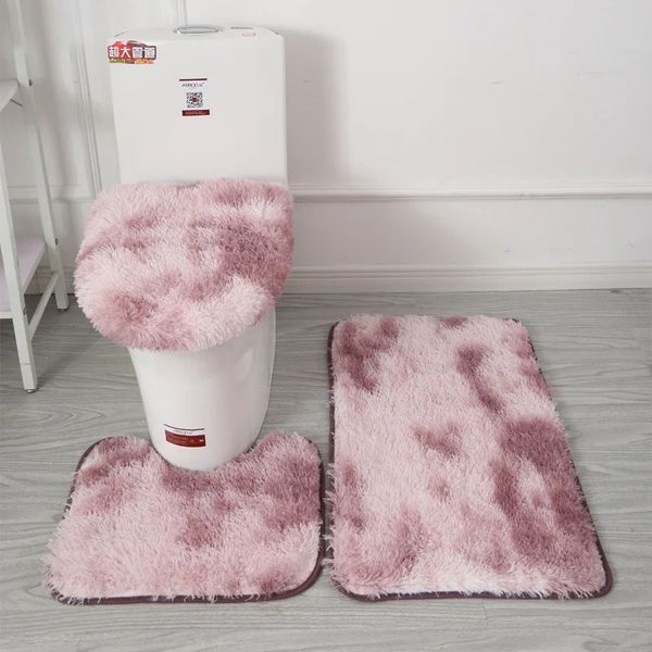 Pink leopard print plush bath mat set with anti-slip foot pads, includes 3 pieces for toilet seat cover and warm bathroom accessories