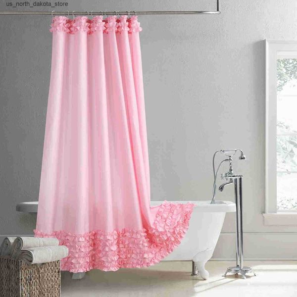 Pink modern polyester waterproof shower curtain with ruffles for farmhouse decor, solid color J241205