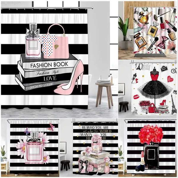 Pink perfume-inspired high heel shower curtain set with black and white stripes for stylish women's bathroom decor, made of polyester for bathtubs