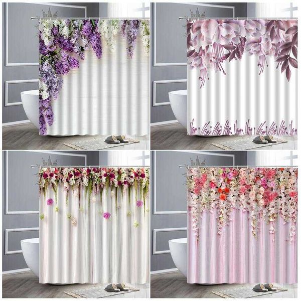 Pink rose and lavender floral waterproof shower curtain set with matching hooks for bathroom decoration