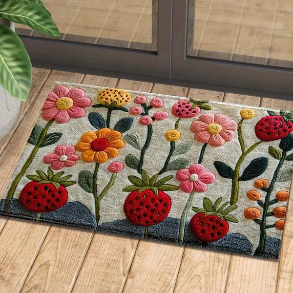 Pink rose-patterned cashmere-style non-slip microfiber bath mat for bathrooms