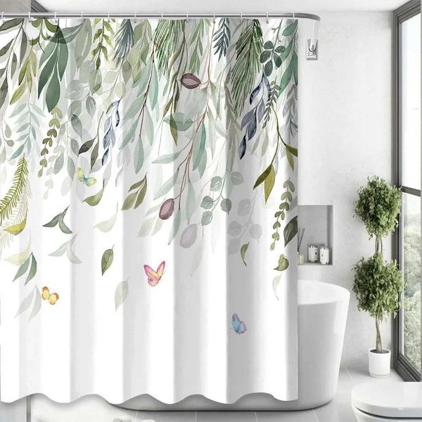Plants leaves shower curtains featuring butterfly watercolor designs, modern Nordic simplicity, made of polyester fabric for bathrooms, includes hooks, model Y240815