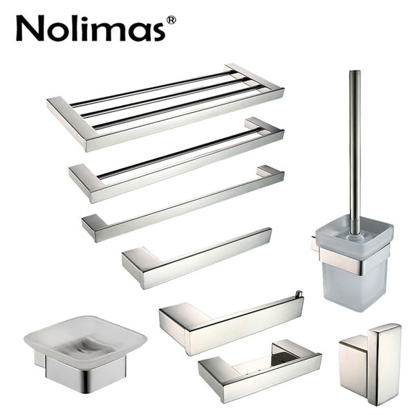 Polished stainless steel bathroom hardware set including toilet paper holder, toothbrush holder, towel bar and hooks