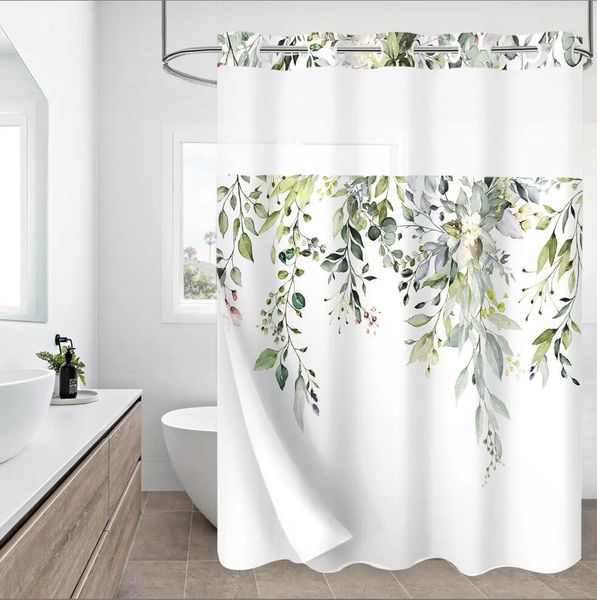 Polyester printed shower curtain with large ring design, featuring green leaf patterns on washable waterproof fabric