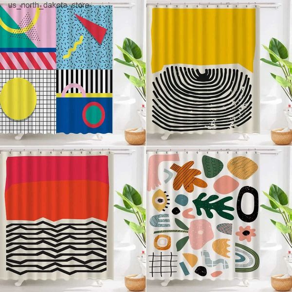 Pop art geometric shower curtain with abstract design, waterproof fabric for stylish bathroom decor including hooks