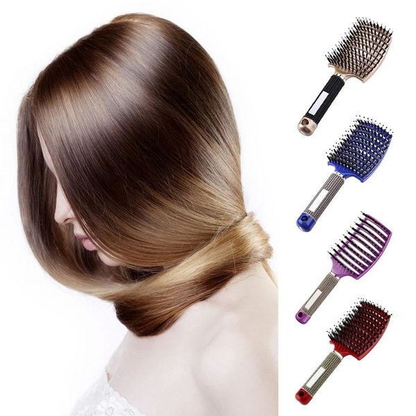 Professional massage comb with curved large plate, nylon bristles for salon use, suitable for wet/dry hair, detangles curls, and styles hair