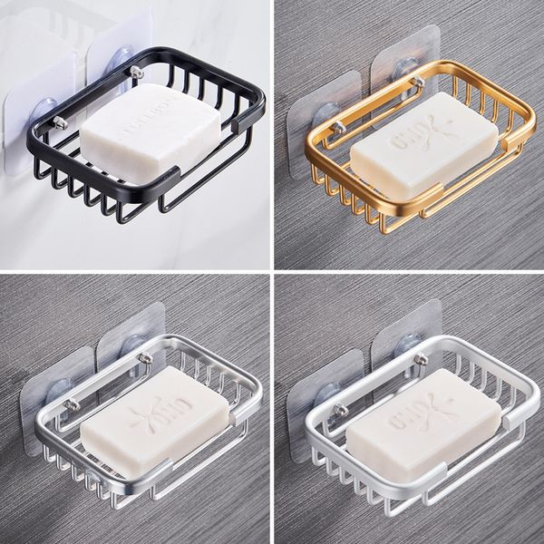 Punch-free aluminum soap dish with wall-mounted draining shelf for bathroom or kitchen