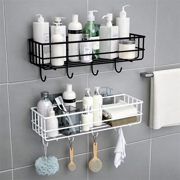 Punch-free shower wall shelf in black and white for bathroom and kitchen storage