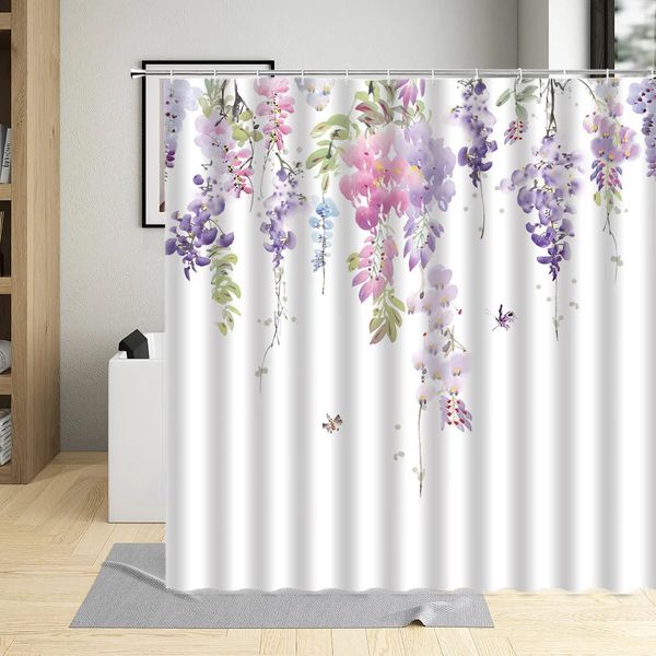 Purple and pink floral shower curtains with watercolor butterflies and dragonflies, modern Nordic-style bathroom decor