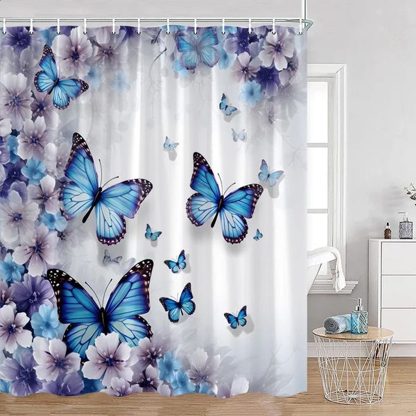 Purple floral butterfly shower curtain with hooks for bathroom decor, made of polyester fabric