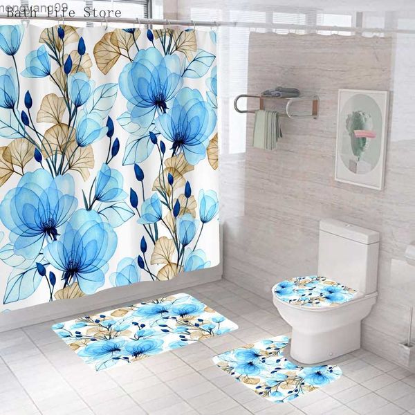 Purple floral shower curtain set with ink-painted flowers, modern bathroom decor including non-slip mat and toilet cover
