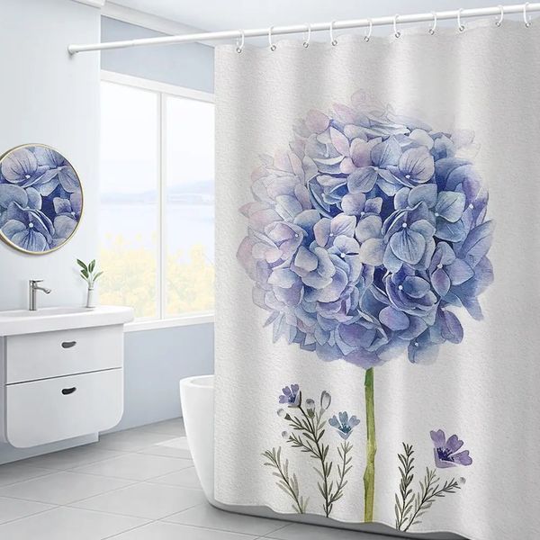 Purple hydrangea floral shower curtain with 3D green plant design, waterproof polyester for bathroom decor