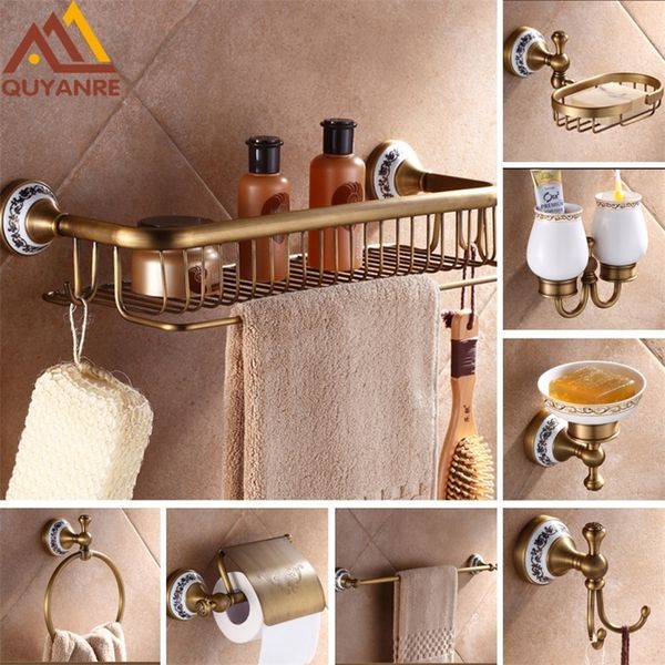 Quyanre Antique Brushed Brass & Porcelain Bathroom Hardware Set with Towel Shelf, Bar, Paper Holder, and Cloth Hooks