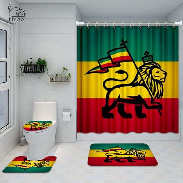 Rasta-themed shower curtain set featuring wooden bathroom decor with Lion of Judah wall art, waterproof toilet cover, and non-slip rug