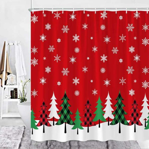 Red Christmas shower curtain set featuring buffalo check, Xmas trees, snowflakes, and snow designs for festive bathroom decor with included hooks