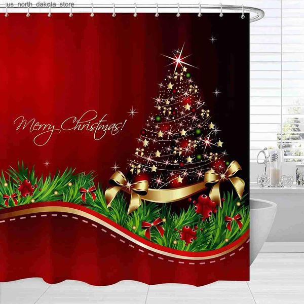 Red Christmas tree printed shower curtain for winter holiday bathroom decor with hooks J241205