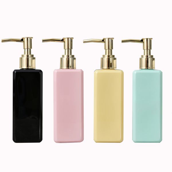 Refillable square pump bottle for liquid soap, shampoo, conditioner, or shower gel in bathroom storage