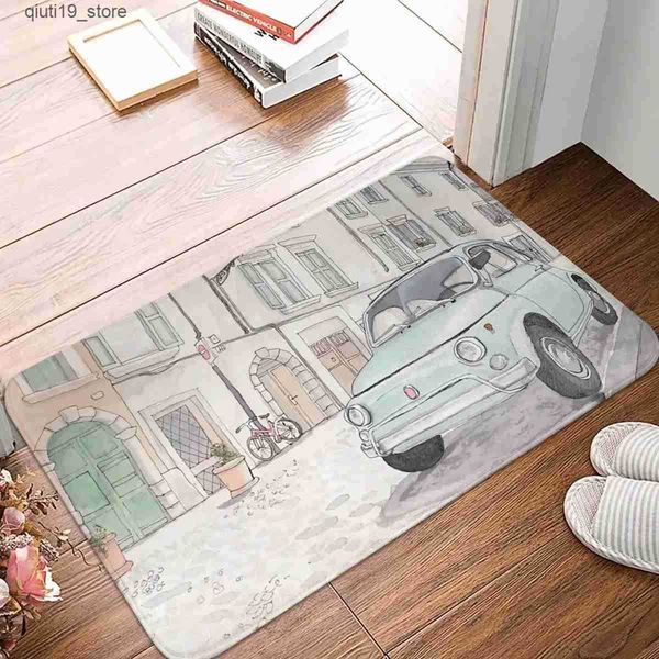 Retro anti-slip bath mat featuring a Fiat 500 Holloway design for stylish home decor