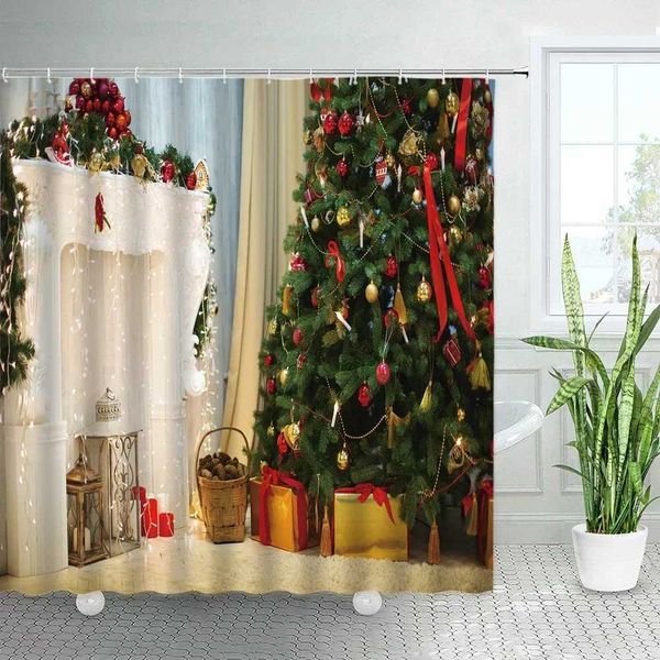 Retro Christmas shower curtain featuring 3D green Xmas tree design, festive holiday bathroom decor with hooks
