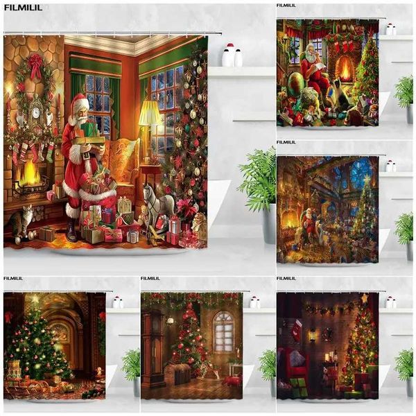 Retro Christmas shower curtain featuring Santa Claus, garland, vintage fireplace, and Xmas tree for festive bathroom decor