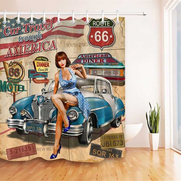 Retro Route 66 shower curtain featuring a stylish American road trip design with a sexy girl motif for bathtub decor, includes hooks