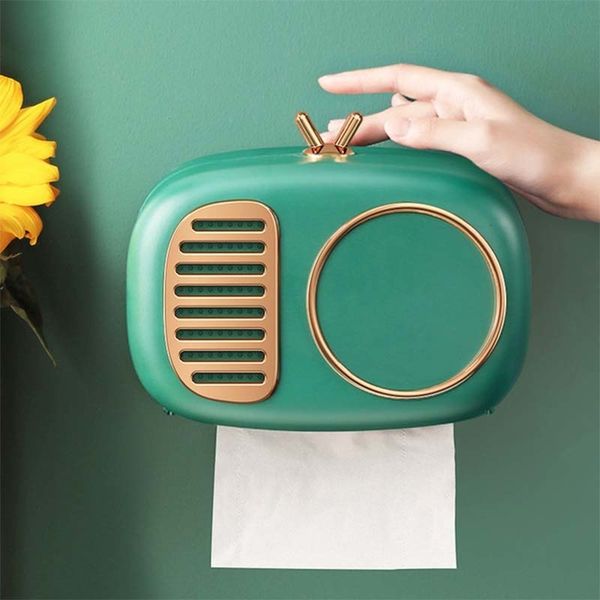 Retro-style radio model wall-mounted waterproof toilet paper holder with tray for bathroom tissue rolls