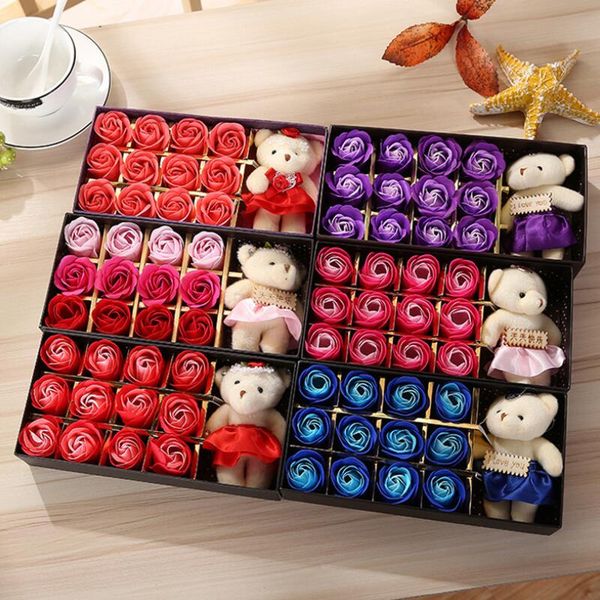 Romantic rose soap flowers with adorable bear dolls in a 12-piece gift box, perfect for Valentine's Day, weddings, or birthdays