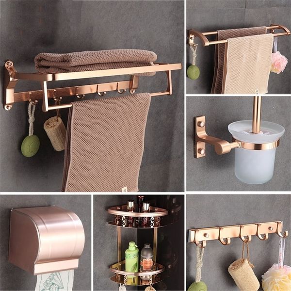 Rose Gold Space aluminum Hardware Set  
Paper Box Towel Bar Shelf  
Robe Hook Toilet Brush Holders  
Bathroom Accessories T200425