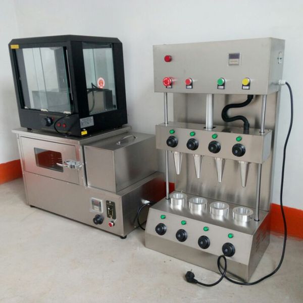 Rotary oven machine with heating rod for factory-direct pizza cones, featuring handheld cone makers and display cabinets