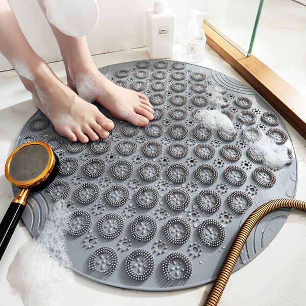 Round non-slip PVC shower bath mat with drainage holes and massage foot pad set