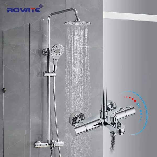 ROVATE Thermostatic Shower Systems featuring Rain and Adjustable Handheld Shower Bathroom Fixtures Set