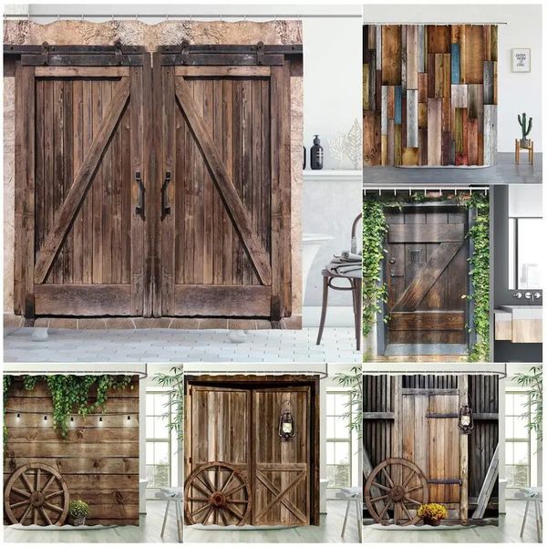Rustic shower curtains featuring a wooden barn door design in a vintage stone farmhouse style, perfect for rural-themed bathroom decor