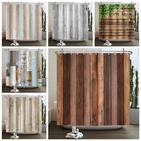 Rustic wooden shower curtains with a vintage farmhouse design, featuring a wooden barn print, waterproof for bathroom use