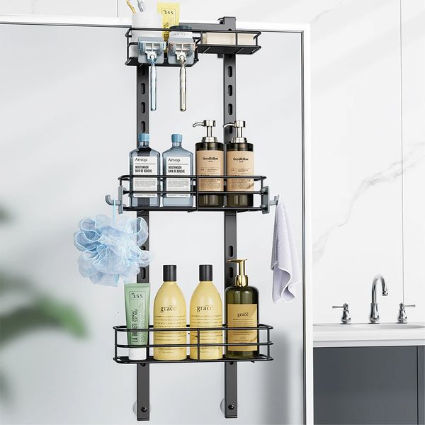 Rustproof bathroom shelf with 4 hooks and suction cups for shower or kitchen storage