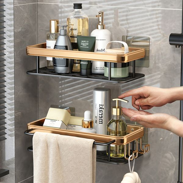 Rust-resistant aluminum shower wall shelf for organizing bathroom essentials like shampoo and towels without drilling