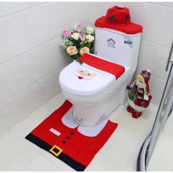 Santa Claus-themed bathroom set including toilet cover, floor mat, water tank cover, and tissue box with snowman and elk decorations