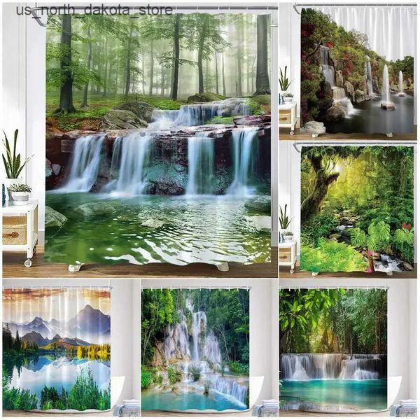 Scenic forest waterfall shower curtains featuring tropical jungle plants, lakes, and natural landscapes for wall-mounted bathroom decor