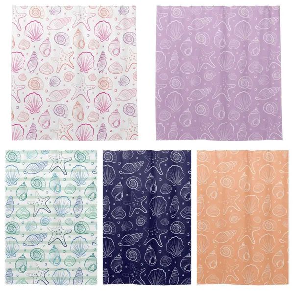 Sea shell summer beach-themed striped shower curtain with hooks, 220cm length, for bathroom use